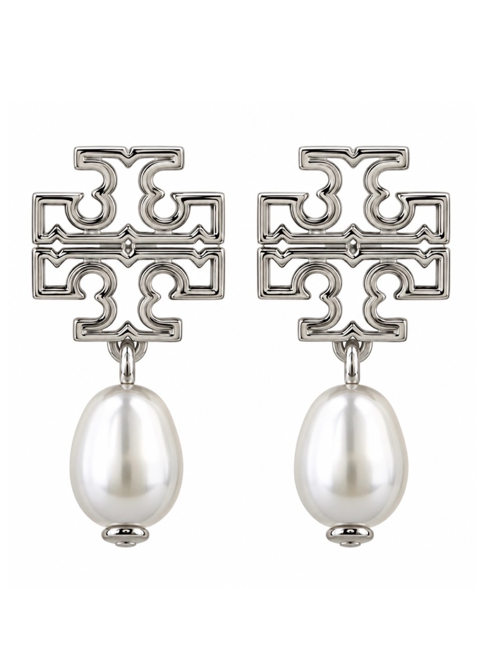 TORY BURCH • Silver Britten Logo Pearl Drop Earrings